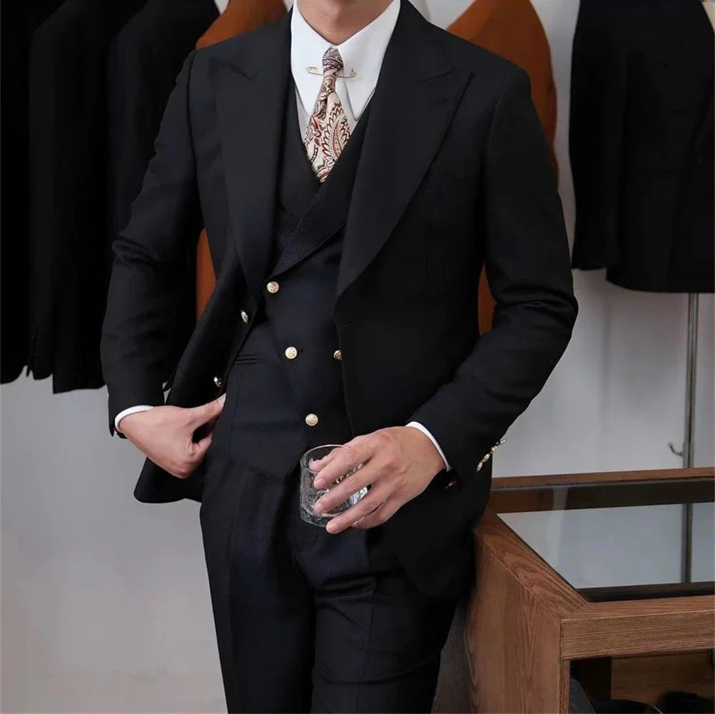 Black Men Suit Formal Business Blazer Wedding Groom Tuxedo Daily Slim Fit 3 Piece Jacket Vest Pants Terno Masculino