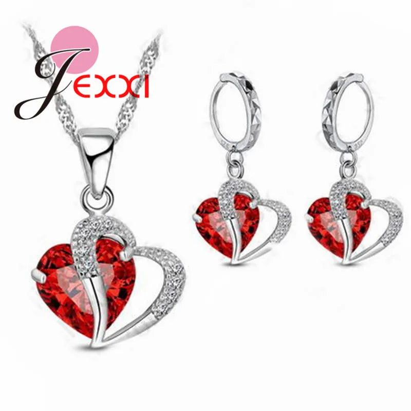 Exquisite Heart Pave 9 Color Cubic Zirconia Pendant 925 Sterling Silver Jewelry Sets For Girls Valentines Day Gift