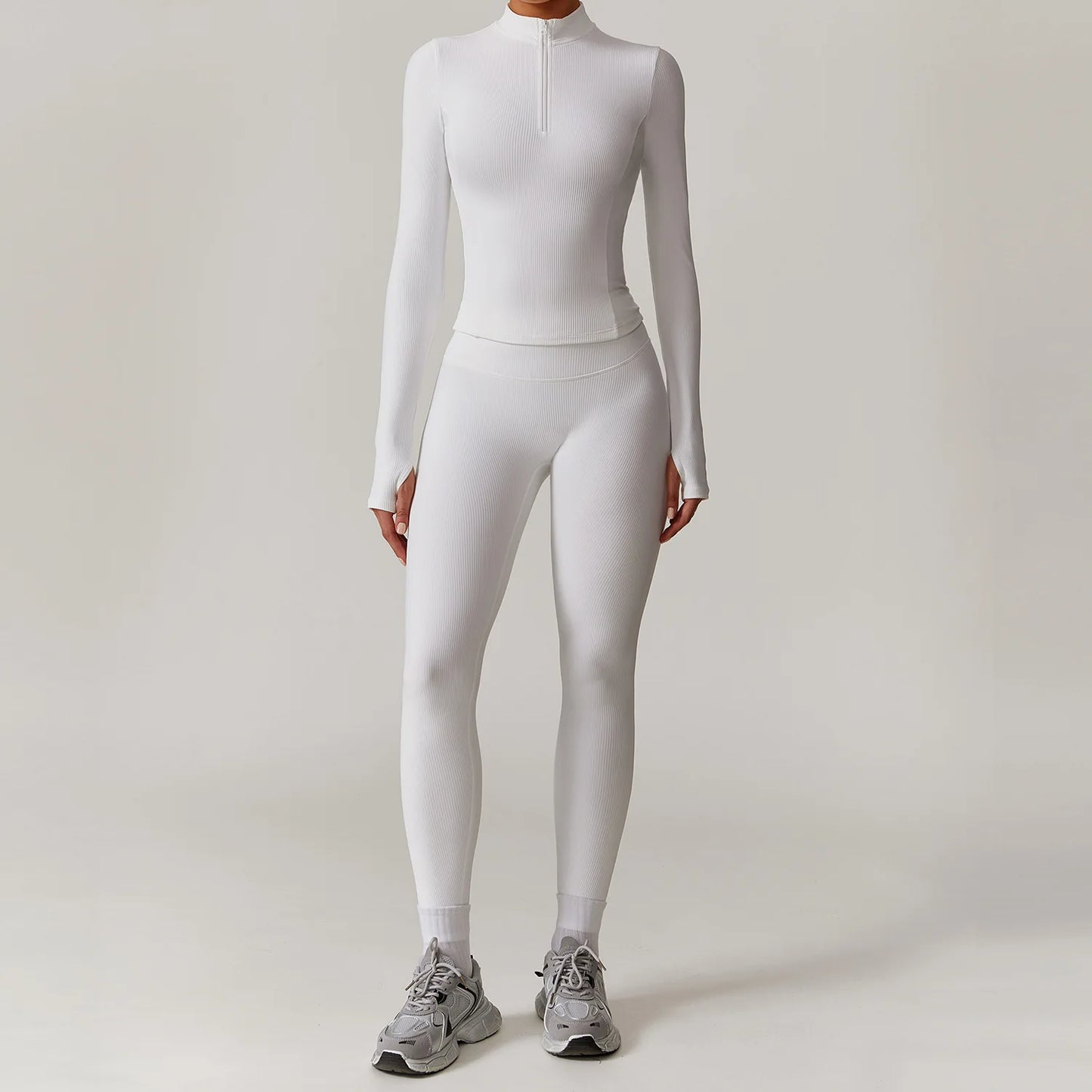 White 2PCS Women Yoga Set Workout Tracksuits Sportswear Gym Clothing Fitness Long Sleeve Jacket Waist Leggings Sports Suit