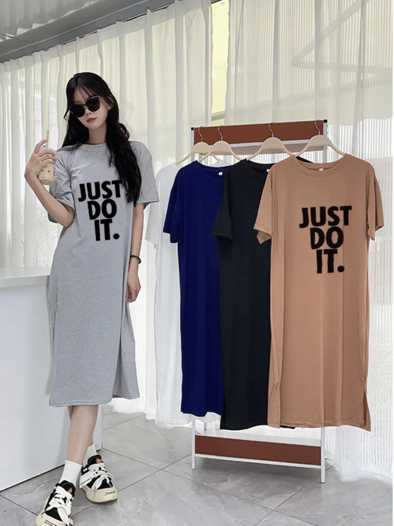 Korean version short sleeved t-shirt dress summer clothing fashionable and minimalist long dress casual knee length dress D42B