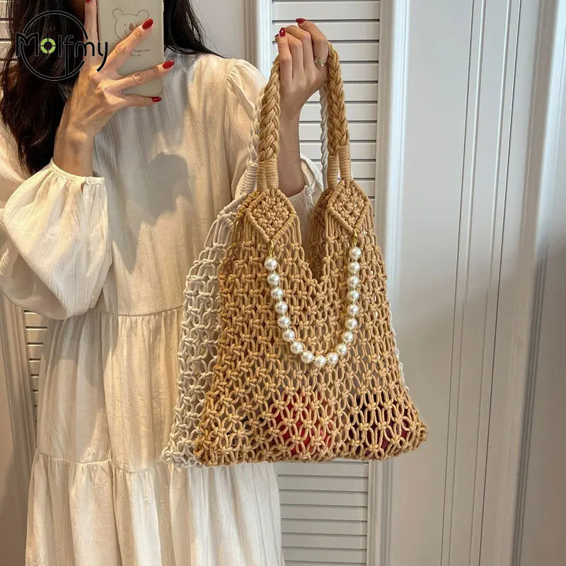 Straw Hobo Beach Bag Designer Luxury Bags Woman 2025 Pearl Purse Woven Tote Handbag Summer Vintage Foldable Handbag for Travel