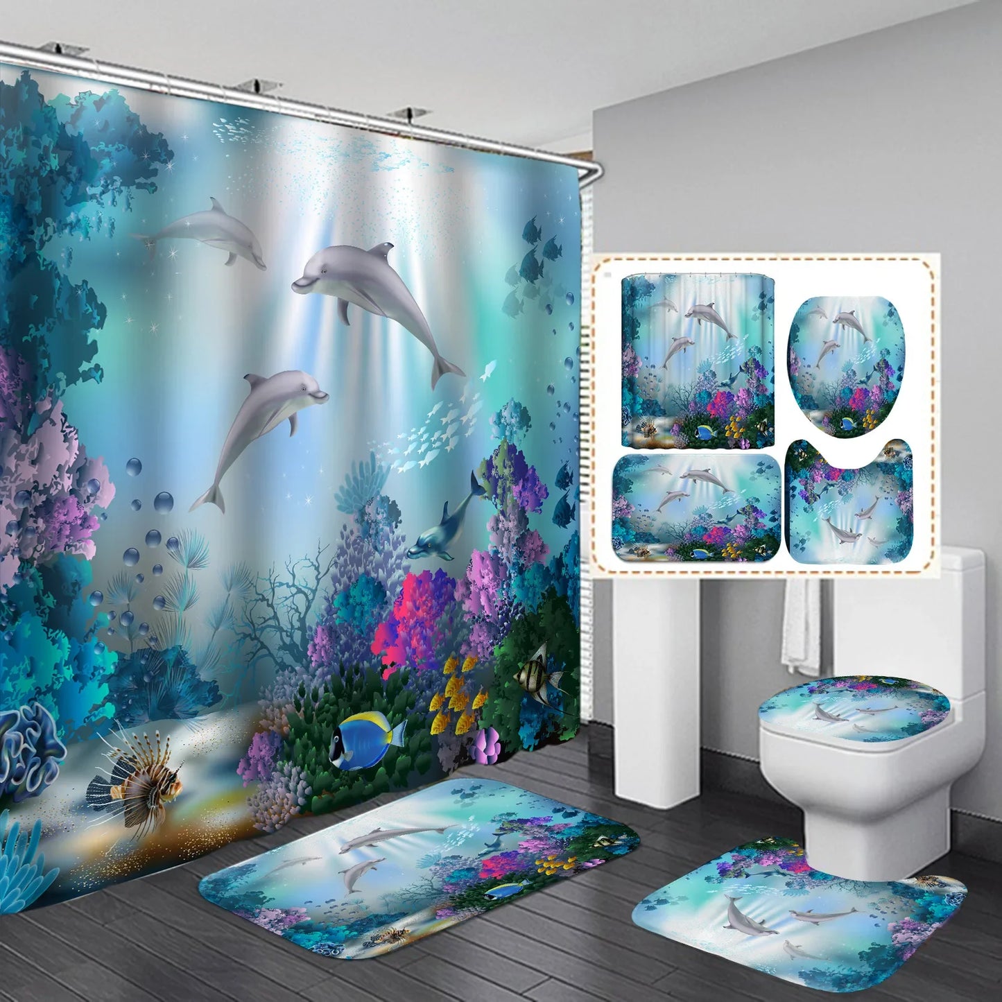 3D Ocean Design Dolphin Waterproof Fabric Bathroom Curtain Blue Shower Curtains Set Anti-skid Rugs Toilet Lid Cover Bath Mat