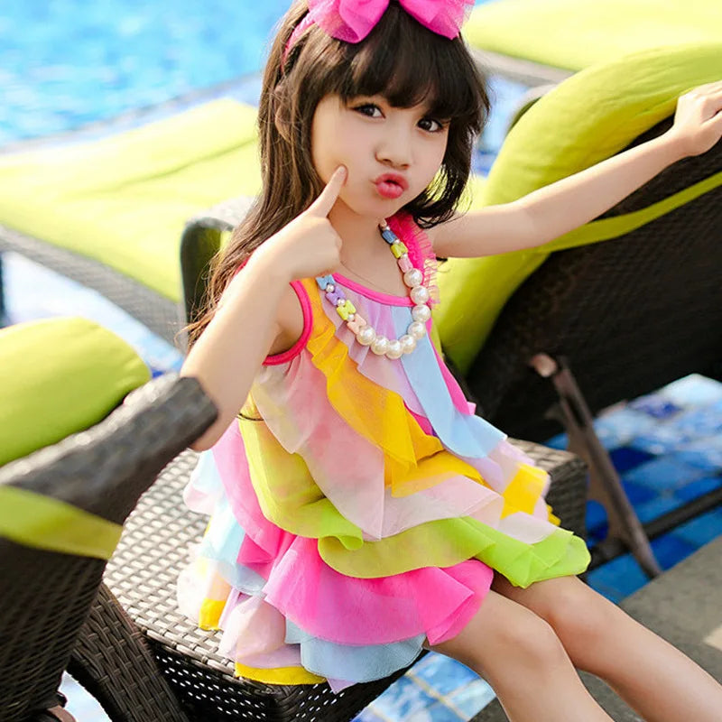 Summer Girls Dress No Necklace Korean Style Children'S Clothing Gauze Princess Costumes Baby Kids Sling Rainbow Beach Outfits