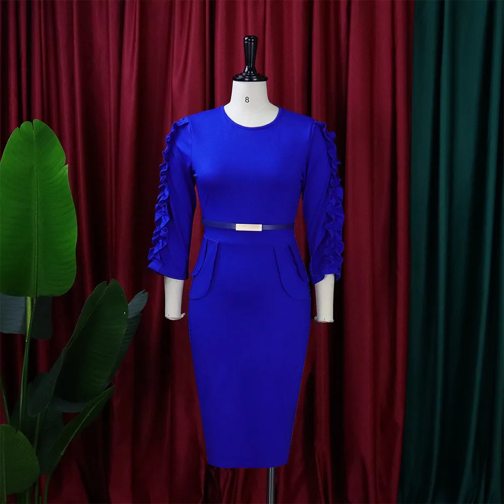 FairyShely 2025 Solid Ruffle Long Sleeve Plus Size Dress Women O Neck Large Big Dresses Lady Autumn Belt Party Tight Curvy Dress