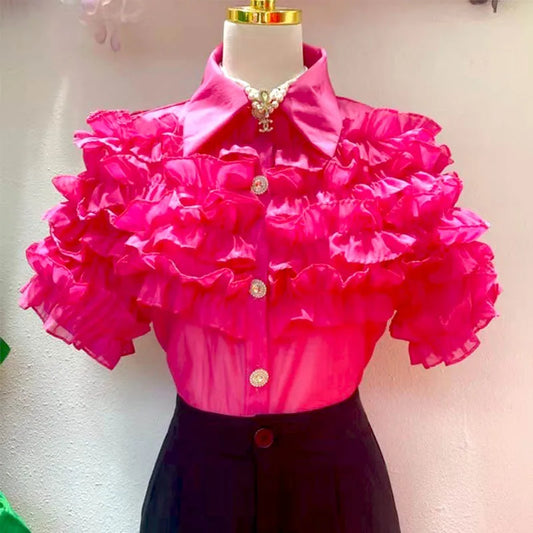 Women Elegant Chic French Beautiful Blouses 2023 Summe Ruff 3D Flower Short Sleeve Female Shirts and Blouse Top Free Clothing  clothes