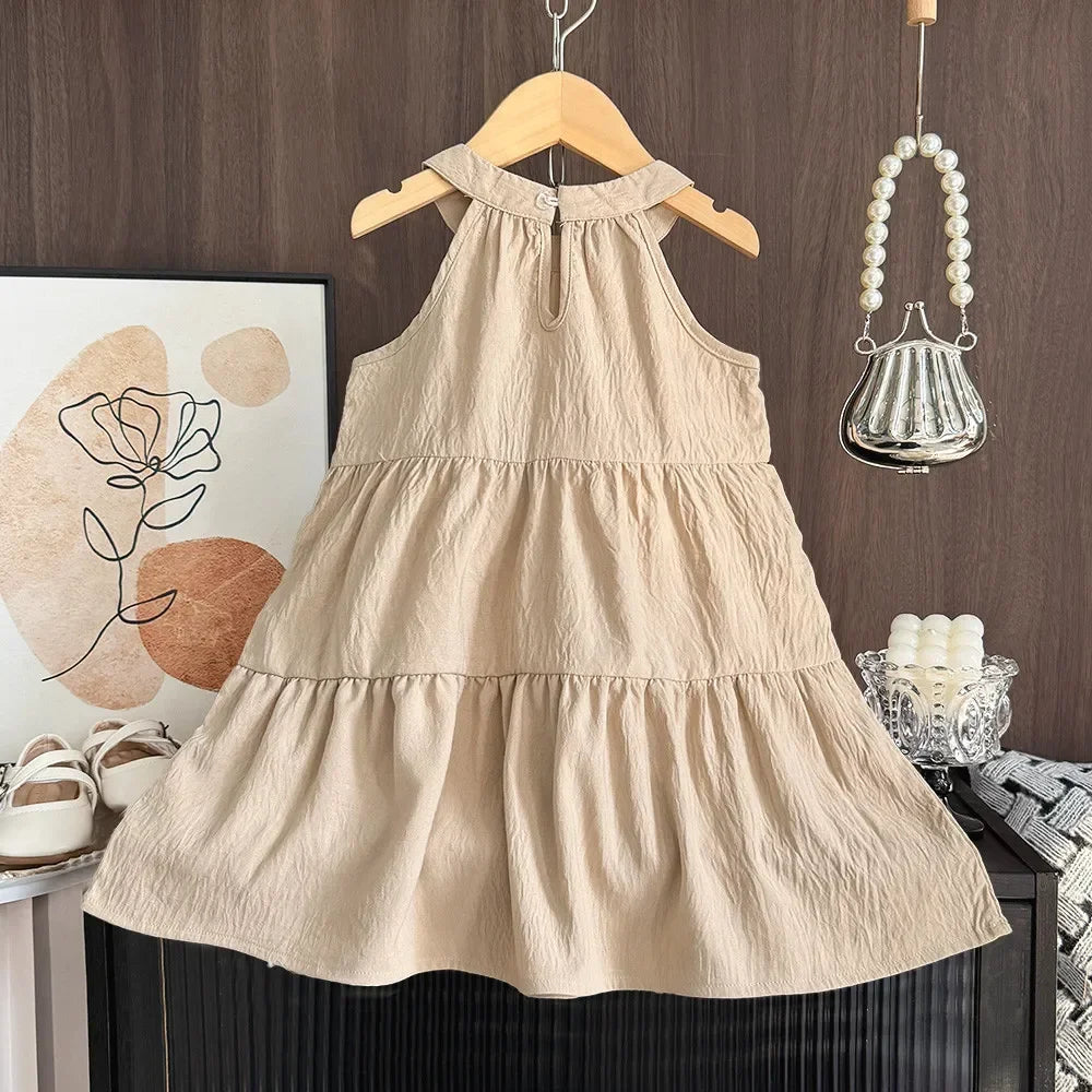 Summer Sleeveless Hanging Neck Girls Dress Khaki Casual Dresses
