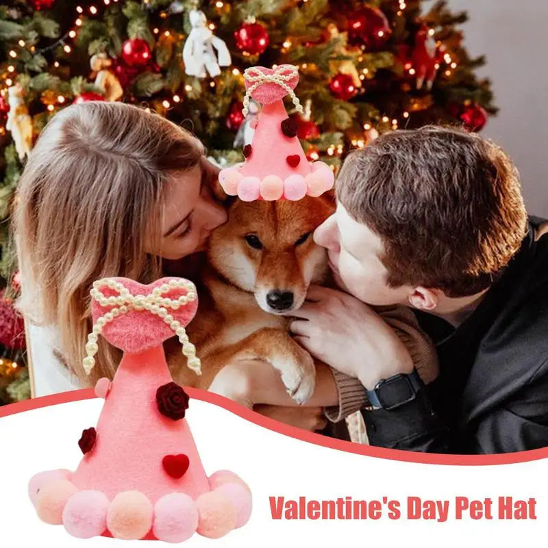 Valentine's Day Pet Love Hat Plush Balls Pink Heart Pet Valentines Day Hat Photo Props Pet Dress-Up Clothing Holiday Costume