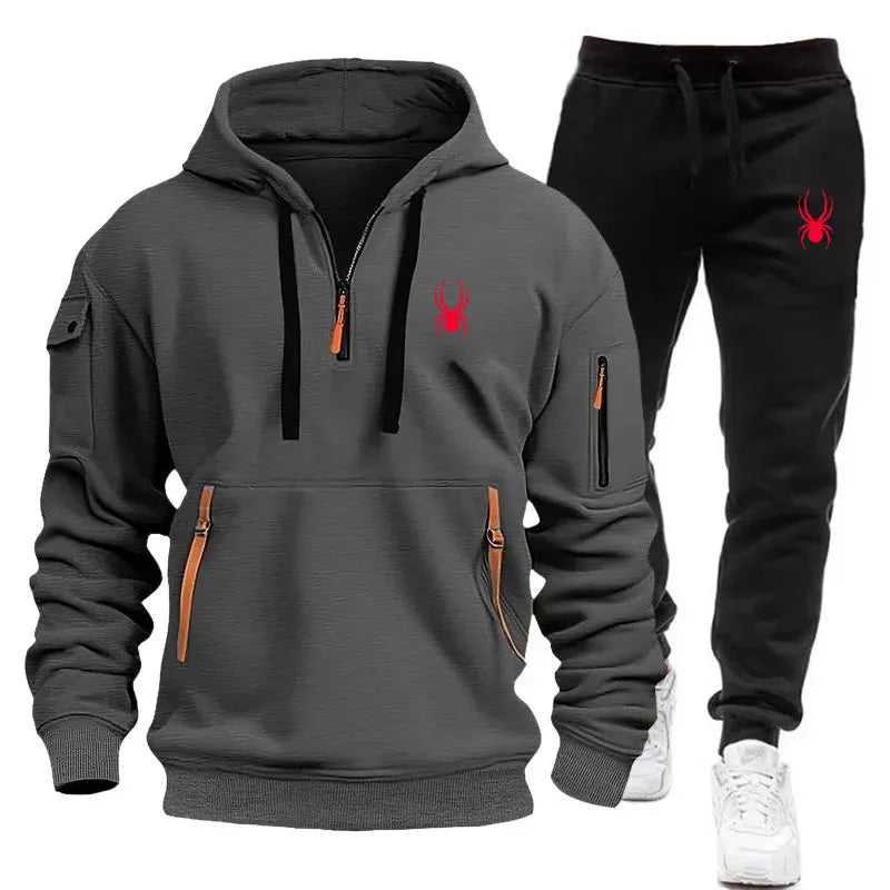 New men's sports suit hooded sweatshirt long pants arm pocket zipper fashionable casual outdoor jogging sportswear men's suit mon