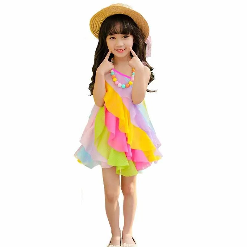 Summer Girls Dress No Necklace Korean Style Children'S Clothing Gauze Princess Costumes Baby Kids Sling Rainbow Beach Outfits