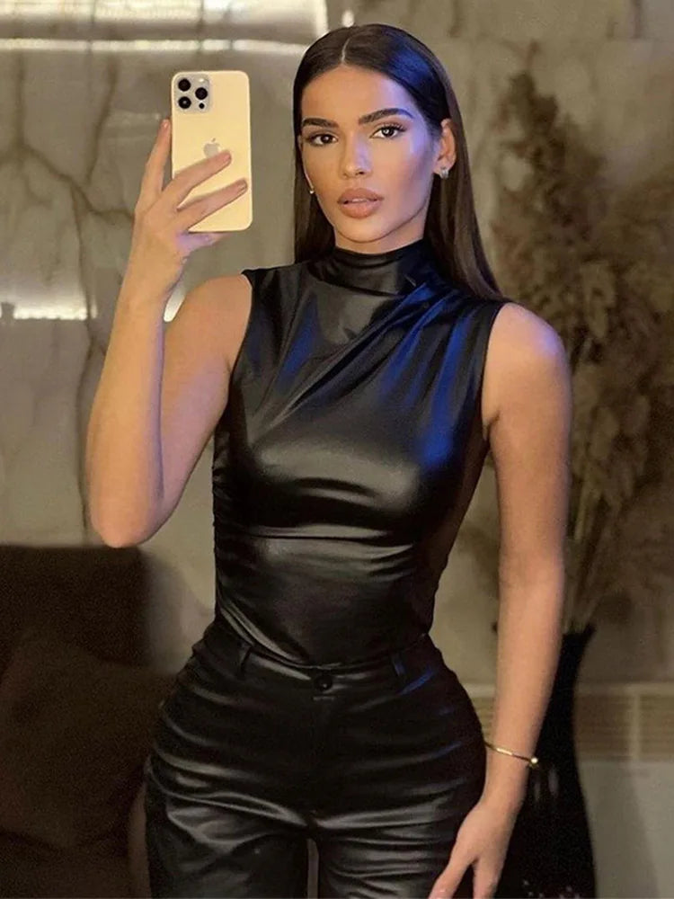Damen Y2K Vintage Pu Schlichtes Basic Tank Top Hohe Taille Skinny Shrunk Slash Cut Ärmellose Tops Vielseitige Edle Shirts 