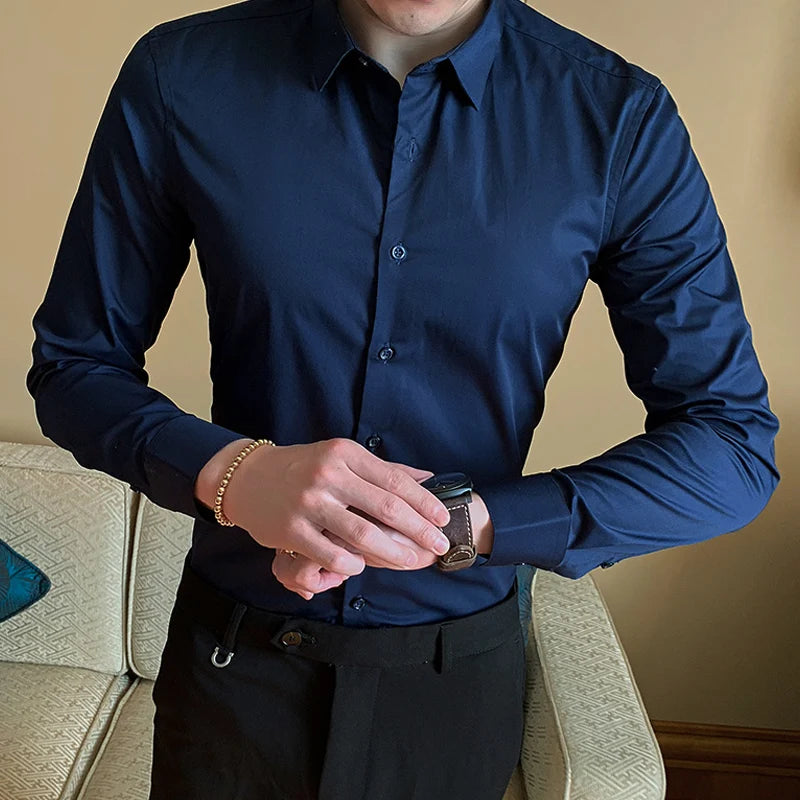 Four Season Non-ironing Regular Fit Business Casual Long Sleeve Shirt Anti-Wrinkle Solid Color Male Social Formal Shirts