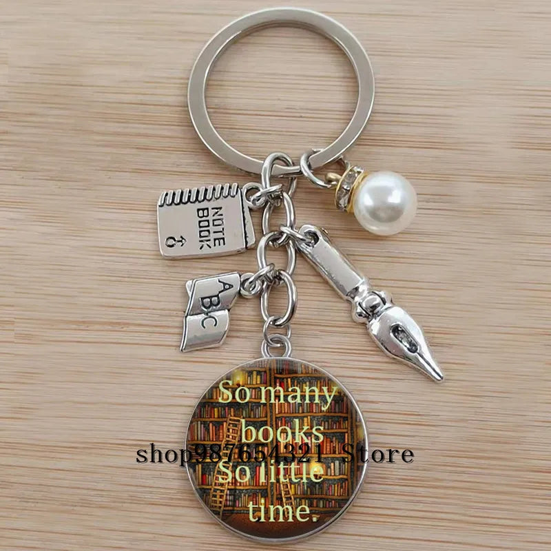 Classic Library Books Keychain Vintage Old Books Key Chain Librarians Key Ring Gift for Nerd Bookworm Writer Teacher