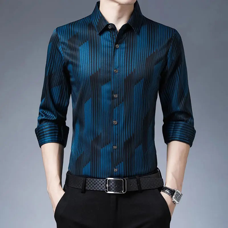 Long Sleeve Men Social Shirt Streetwear Casual Striped Shirts Mens Slim Regular Fit Clothes mon