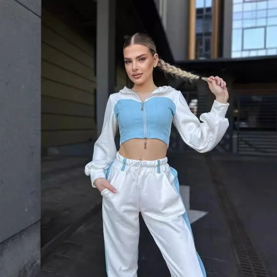 Casual Patchwork Denim 2 Piece Sets Women Outfit Slim Hoodies Crop Top Wide Leg Sweatpants Suit Streetwear Fashion Tracksuits