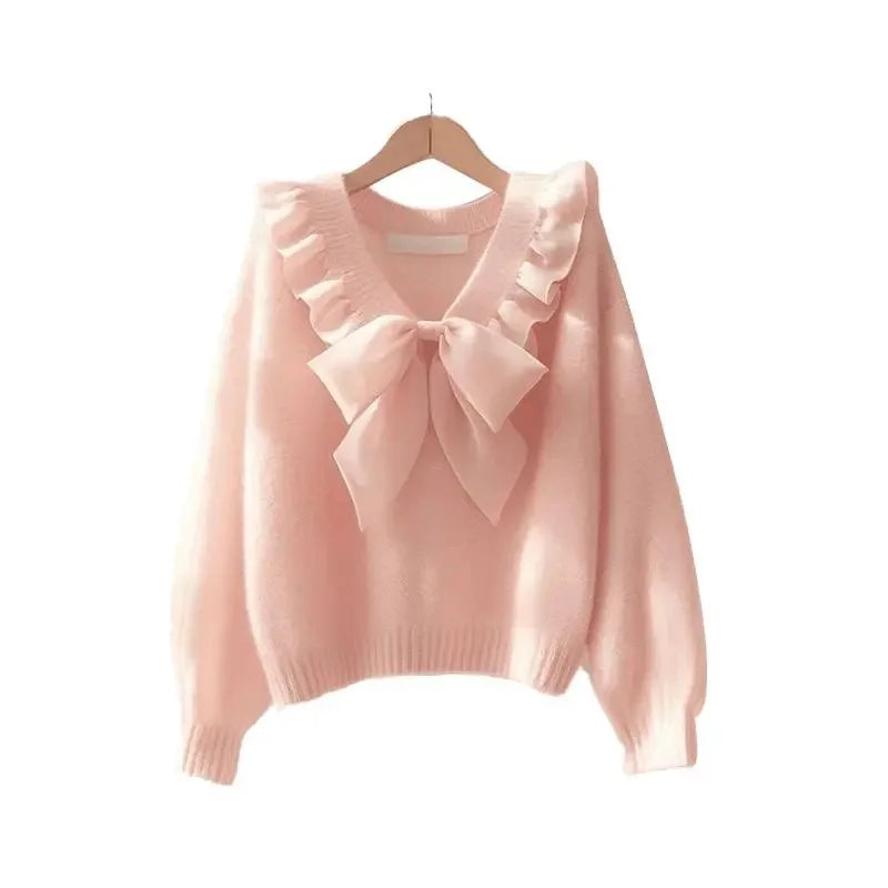 Spring Autumn Pink Sweater 2025 New V-Neck Loose Women's Clothes Pullover Top Fashion Falbala Bowknot Female Knitwear Blouse