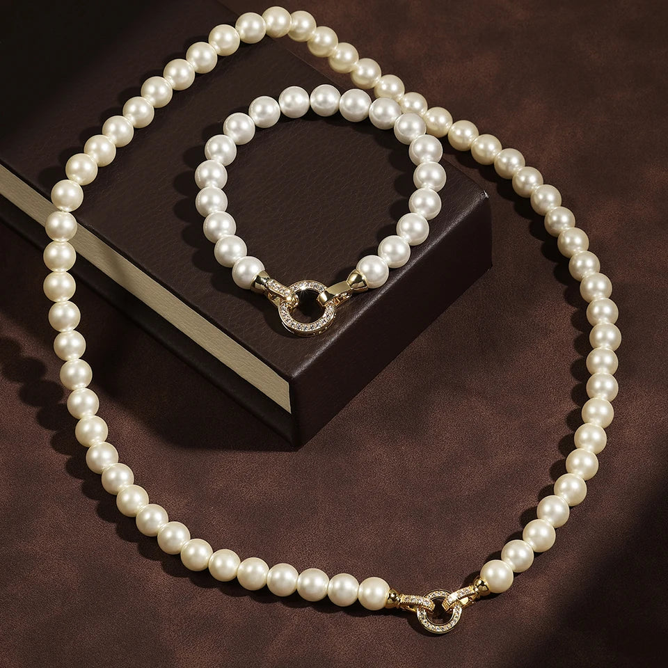 ZAKOL Elegant Zircon Round Buckle Imitation Pearl Beaded Necklace Barcelet For Women's Temperament Jewelry Set Sweet Accessories