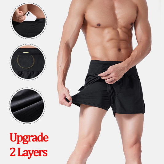 (S-4XL) شورت رياضي للجري الماراثوني سريع الجفاف بطبقتين للرجال والنساء والمراهقين مع جيب بسحاب وشورت تدريب لياقة بدنية بدون مسارات 