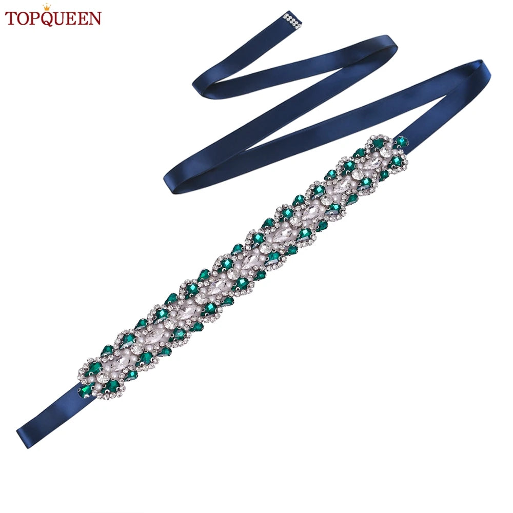 TOPQUEEN Luxury New Bridal Belt Wedding Supplies Dinner Dress Waist Decoration Green Bridesmaid Sash Accessories S466-D