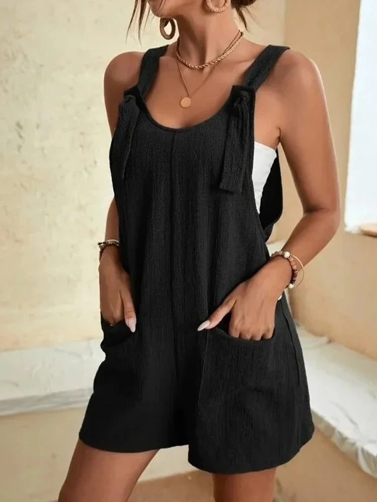2025 Strappy Sleeveless Loose Solid Color Women Jumpsuits Pocket Short Suspender Romper Casual Daily Basic Woman Comfort Clothes
