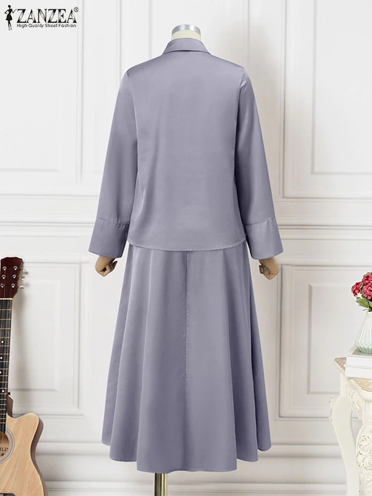 Vintage Satin Silk Dress Suit ZANZEA Fashion Solid Shirt Outfits Swing Skirt Sets Casual Loose Buttons Holiday Office 2pcs Sets