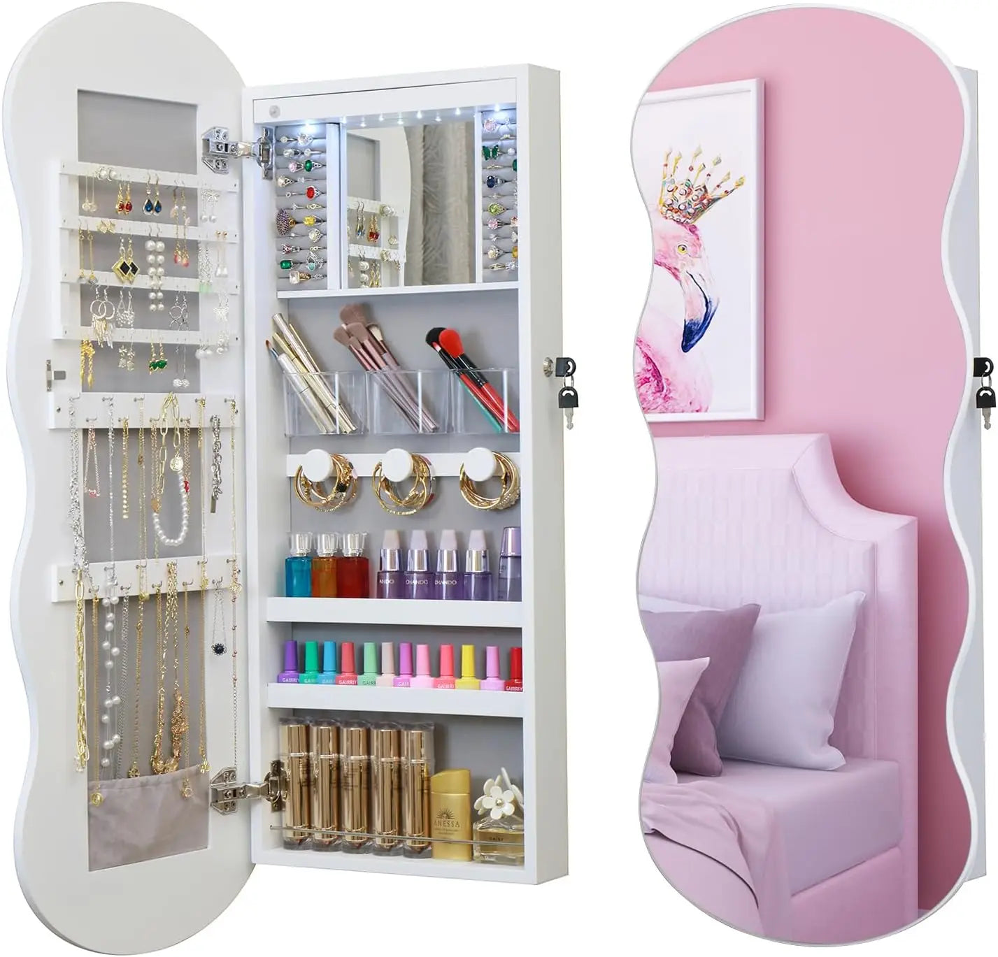 Jewelry Armoire Cabinet, Mirror LED Jewelry Cabinet Wall or Door Mounted Full-Length Lockable Wavy Mirror Jewelry Organizer, home improvement decoration !!!