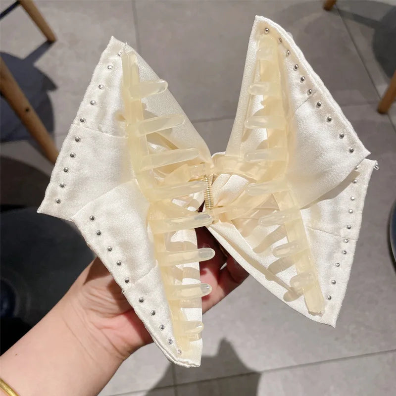 New Fashion Large Solid Colour Satin Pearl Bow Hair Clips Elegant ponytail clip Sweet Girl Hair Clip Headwear Hair Accessories