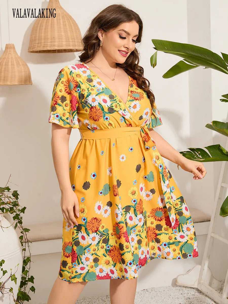 2025 Casual V-Neck Floral Print Plus Size Dress Women Short Sleeve Lace-Up Large Midi Dress Lady Chubby Curvy Pleated Long Dress