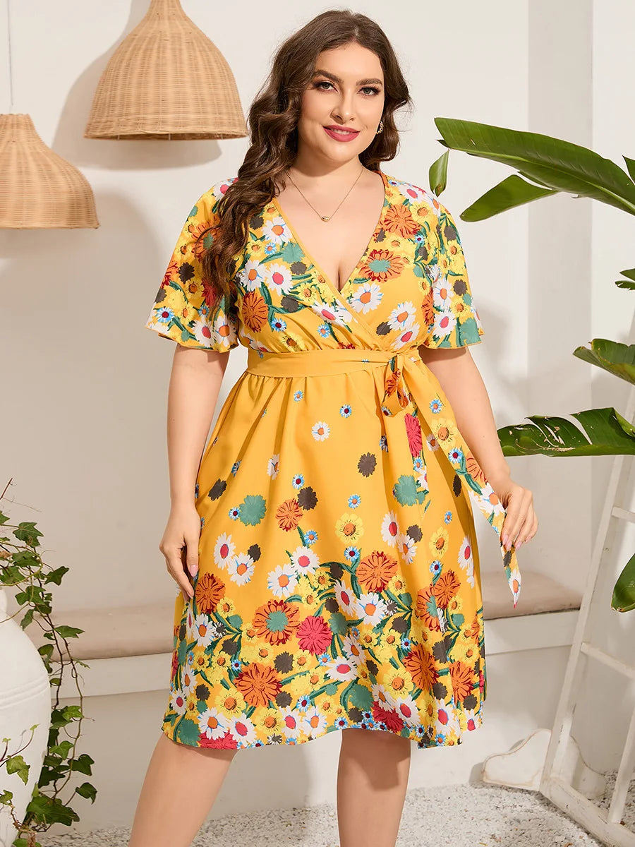 2025 Casual V-Neck Floral Print Plus Size Dress Women Short Sleeve Lace-Up Large Midi Dress Lady Chubby Curvy Pleated Long Dress