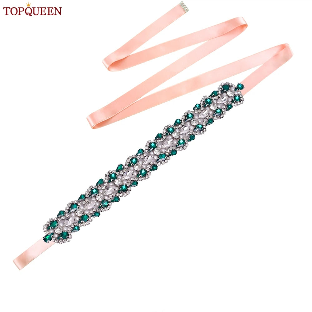 TOPQUEEN Luxury New Bridal Belt Wedding Supplies Dinner Dress Waist Decoration Green Bridesmaid Sash Accessories S466-D