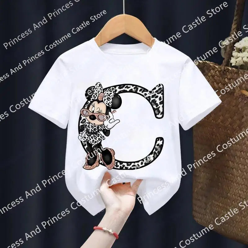 Minnie Letter A B C D Children T-shirt Kawaii Disney Clothes for Girls T Shirt Anime Cartoons Casual Kid Boy Short Sleeve Tops