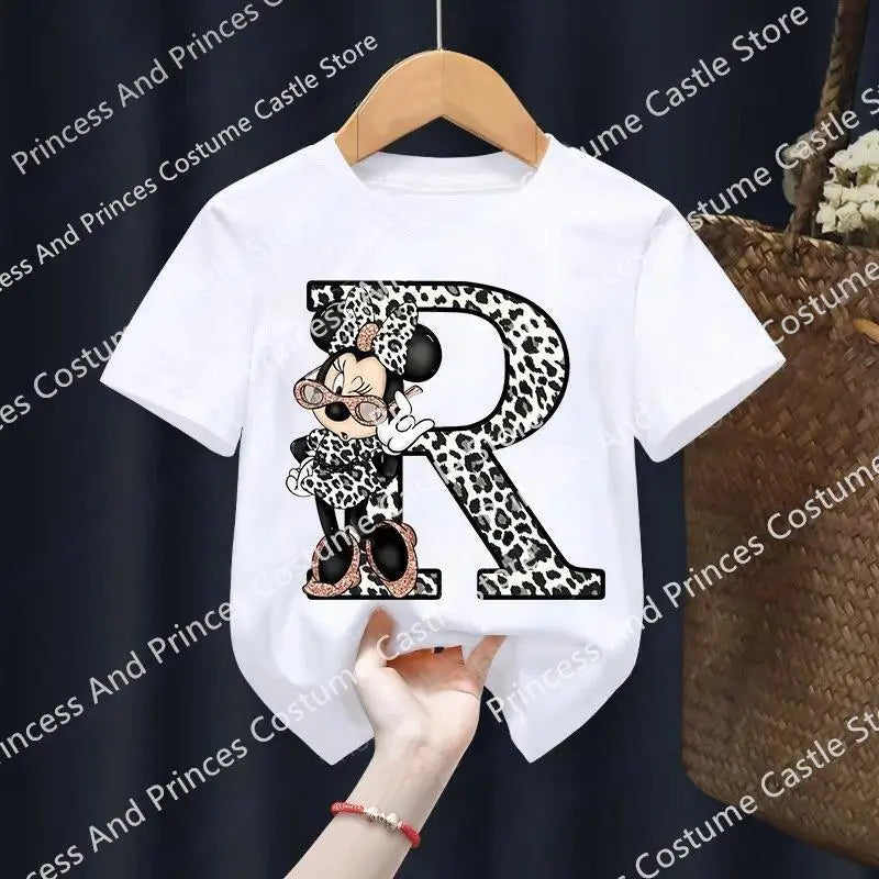 Minnie Letter A B C D Children T-shirt Kawaii Disney Clothes for Girls T Shirt Anime Cartoons Casual Kid Boy Short Sleeve Tops