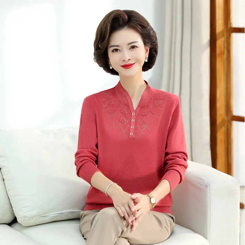 Middle-aged Women's Autumn Sweaters Pullovers V-neck JUmper Hot diamond Knitting Sweater Mother Dress Tops