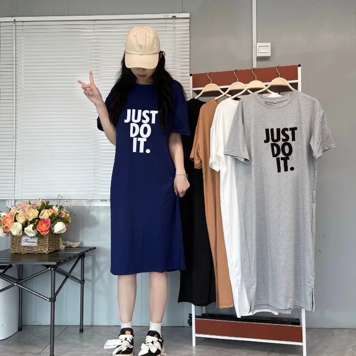 Korean version short sleeved t-shirt dress summer clothing fashionable and minimalist long dress casual knee length dress D42B
