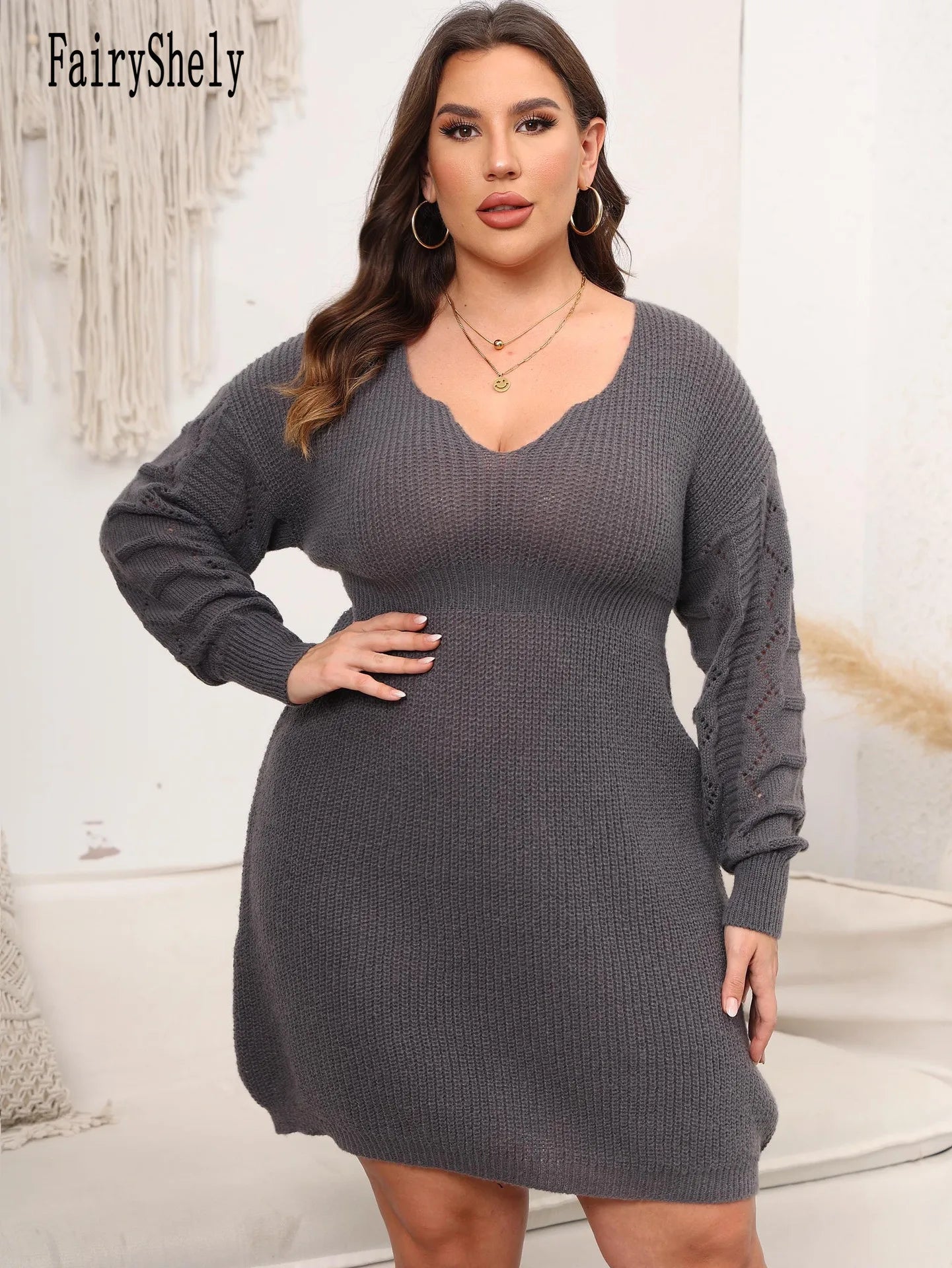 FairyShely 2025 Winter V-Neck Plus Size Sweater Dress Women Long Sleeve Large Big Knitted Dresses Autumn Tight Curvy Warm Dress