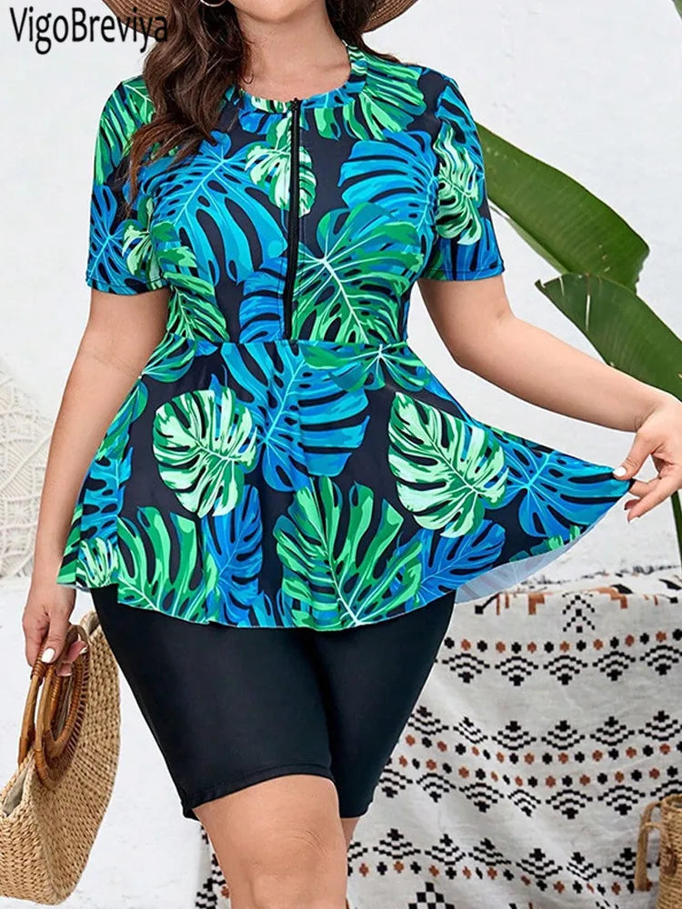 VigoBreviya 2025 Print Short Sleeve 2 Piece Plus Size Tankini Women High Waist Curvy Dress Swimsuit Lady Beach Big Bathing Suit