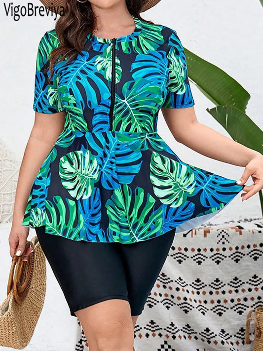 VigoBreviya 2025 Print Short Sleeve 2 Piece Plus Size Tankini Women High Waist Curvy Dress Swimsuit Lady Beach Big Bathing Suit