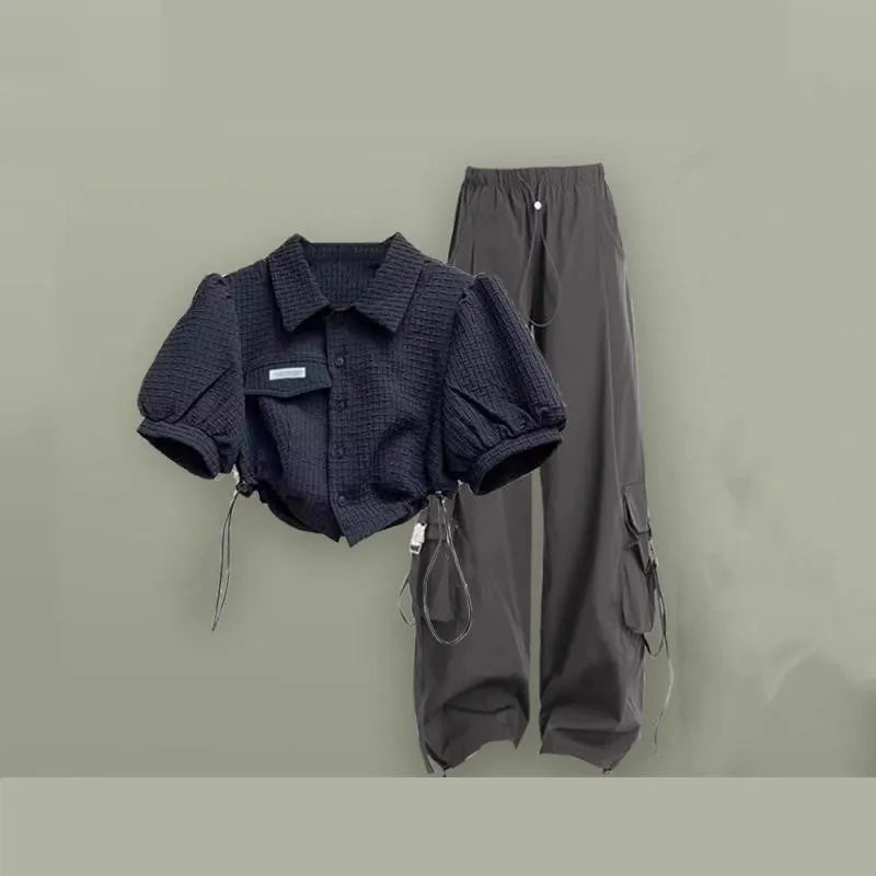 2025 Summer New Chic Tracksuit Matching Set Girl Casual Short Short-sleeved Top+Loose Cargo Pants Two Piece Female Clothes Suit