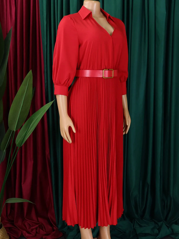 FairyShely 2025 Spring Solid Plus Size Club Dress Women Long Sleeve V Neck Large Big Dresses Slim Belt Party Tight Curvy Dress