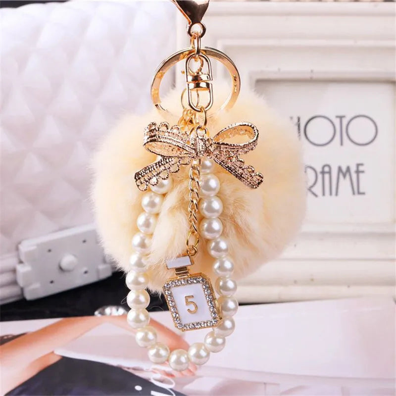 Car Women handBag Key Chain Fashion Pearl Chain Crystal Bottle Bow Pompom Keychain Fluffy Puff Ball Keychains Jewelry
