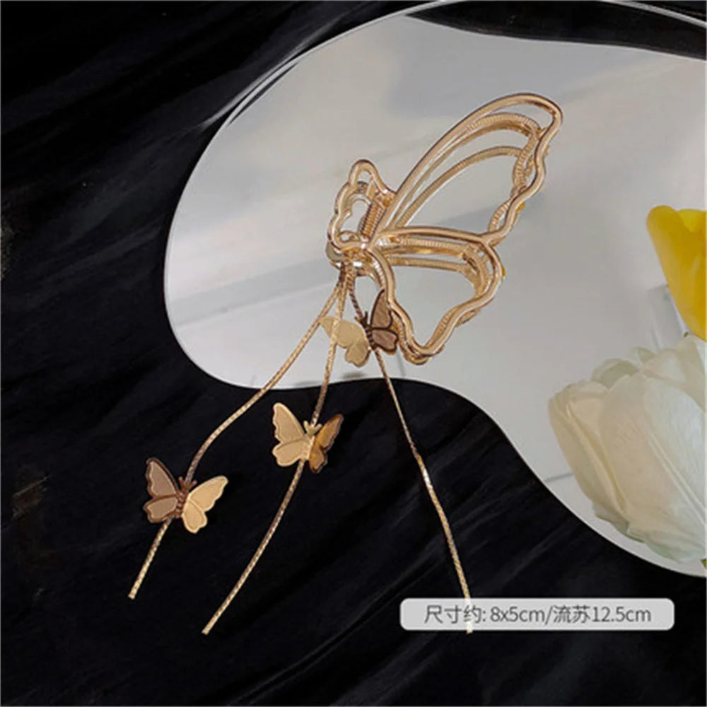 Temperament Hollow Butterfly Hair Claws Nonslip Elegent Golden Clips With Butterfly Tassel Hairband  Hair Accessories
