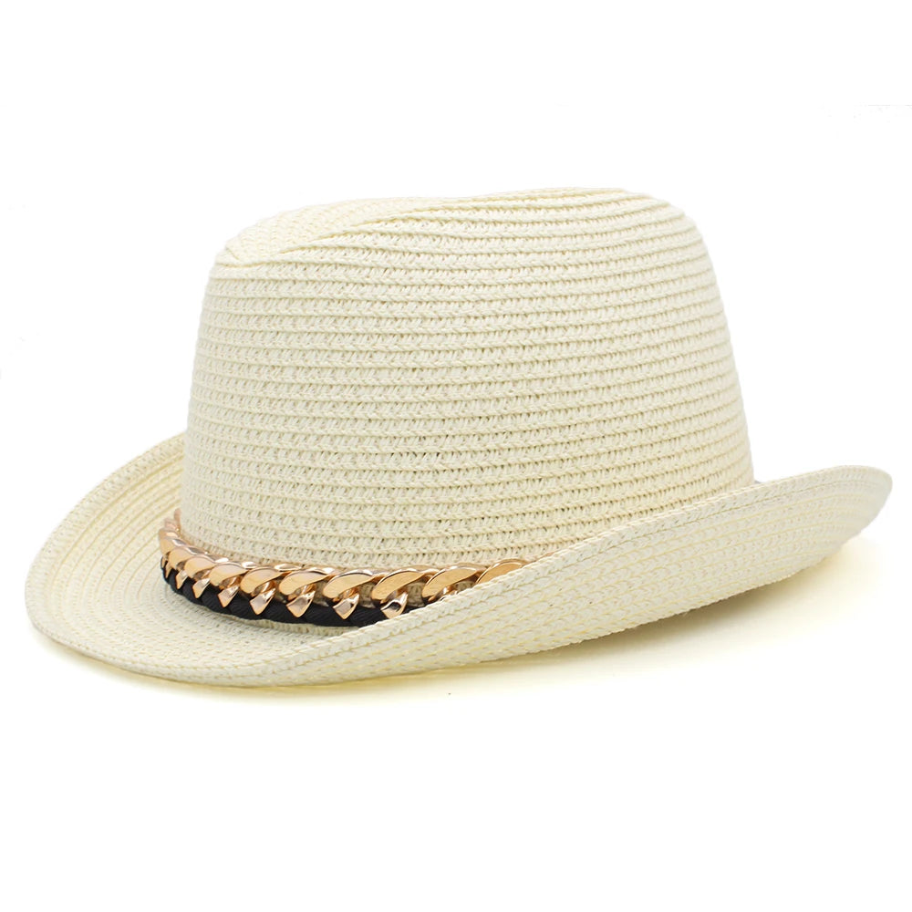 Men Women Summer Solid Straw Homburg Hats Classical Retro Fedora Caps Trilby Sunhat Party Beach Travel Outdoor Adjustable Size