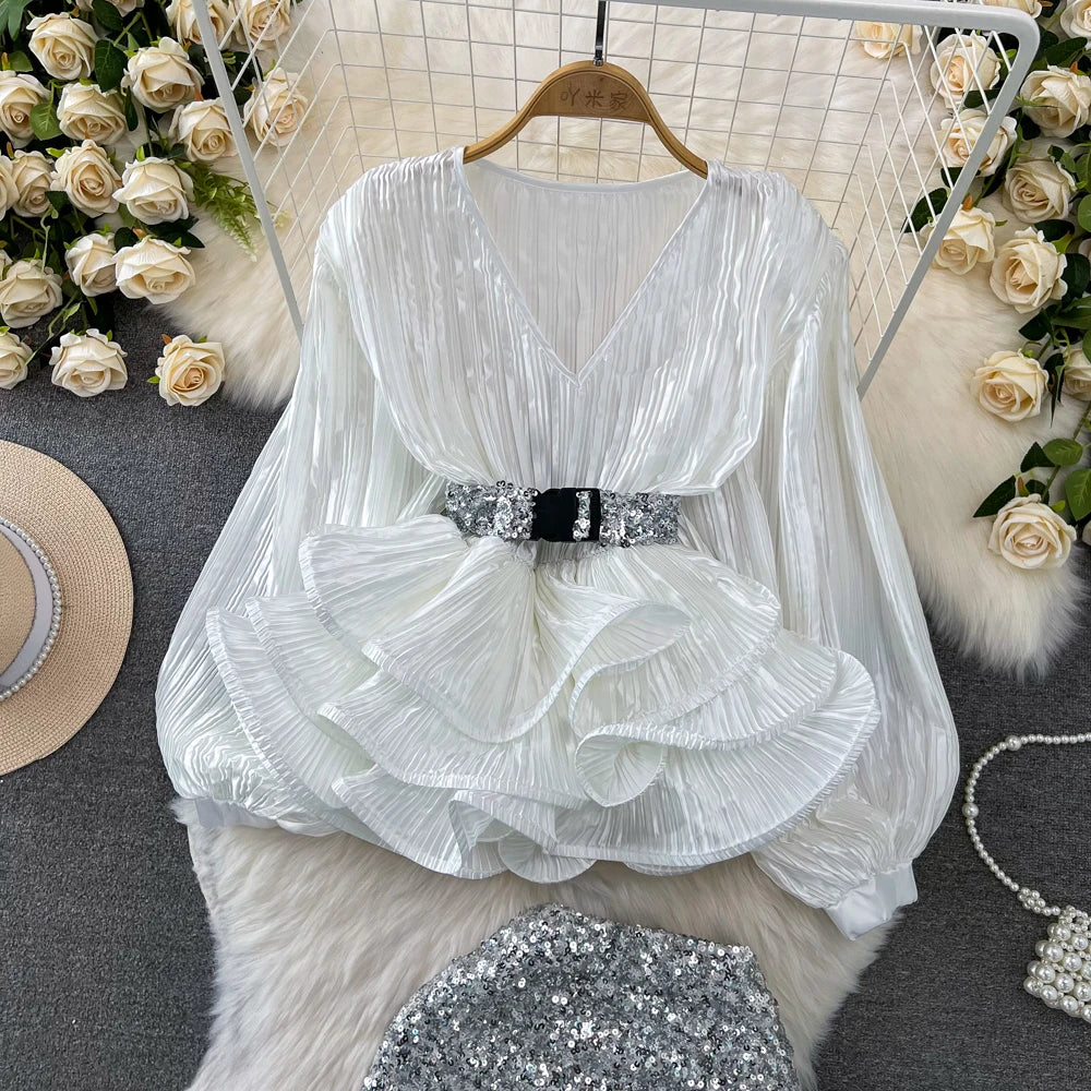 Fashion Blouse Skirts Set Women's Lantern Long Sleeve V-neck Ruffles Shirt High Waist Sequin Half Skirt for Party 2025 New