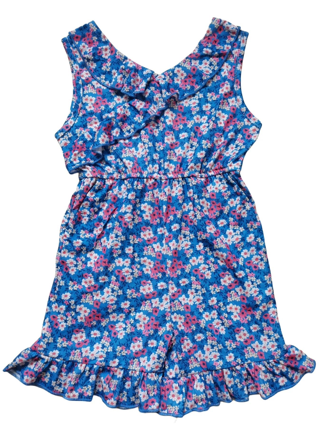 Cutest Girl Floral Printing Jumper With Pockets Summer and Spring Blue Flower Flutter Ruffle Casual Everyday Wear Clothes