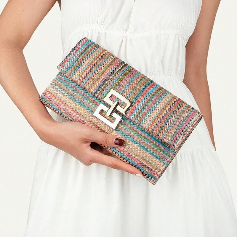 Fashion Straw Clutch Bag for Women Lock Box Paper Woven Bag Casual Summer Beach Bag Bali Travel Handbags Female Purses 2023
