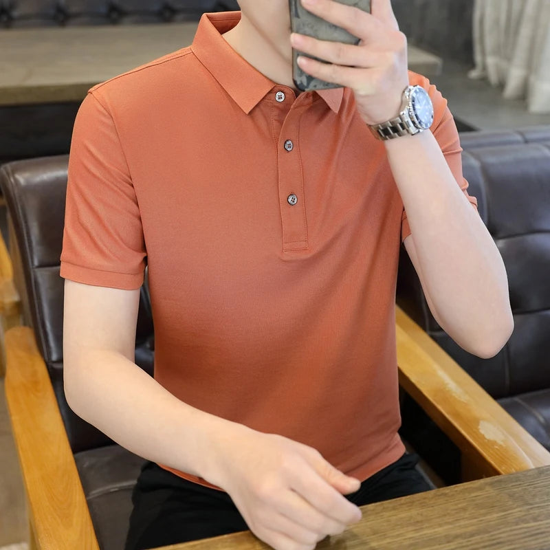 Summer Short Sleeve Men's Solid Button Pullover Turn-down Collar Vacation T-shirt Casual Formal Undershirt Preppy Style Tops