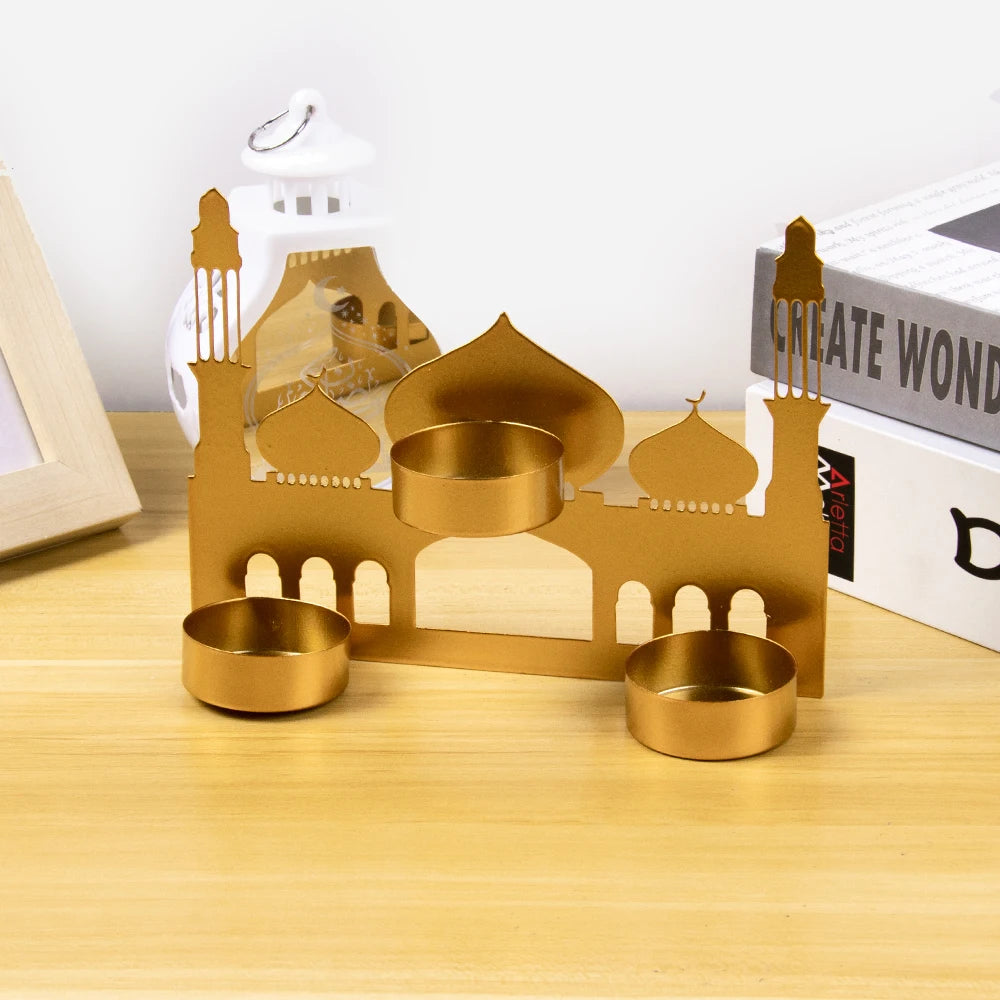 Gold Metal Ramadan Moon Shape Candle Holder Eid Mubarak Candlestick Base Dining Table Ornament Islamic Muslim Party Home Decor