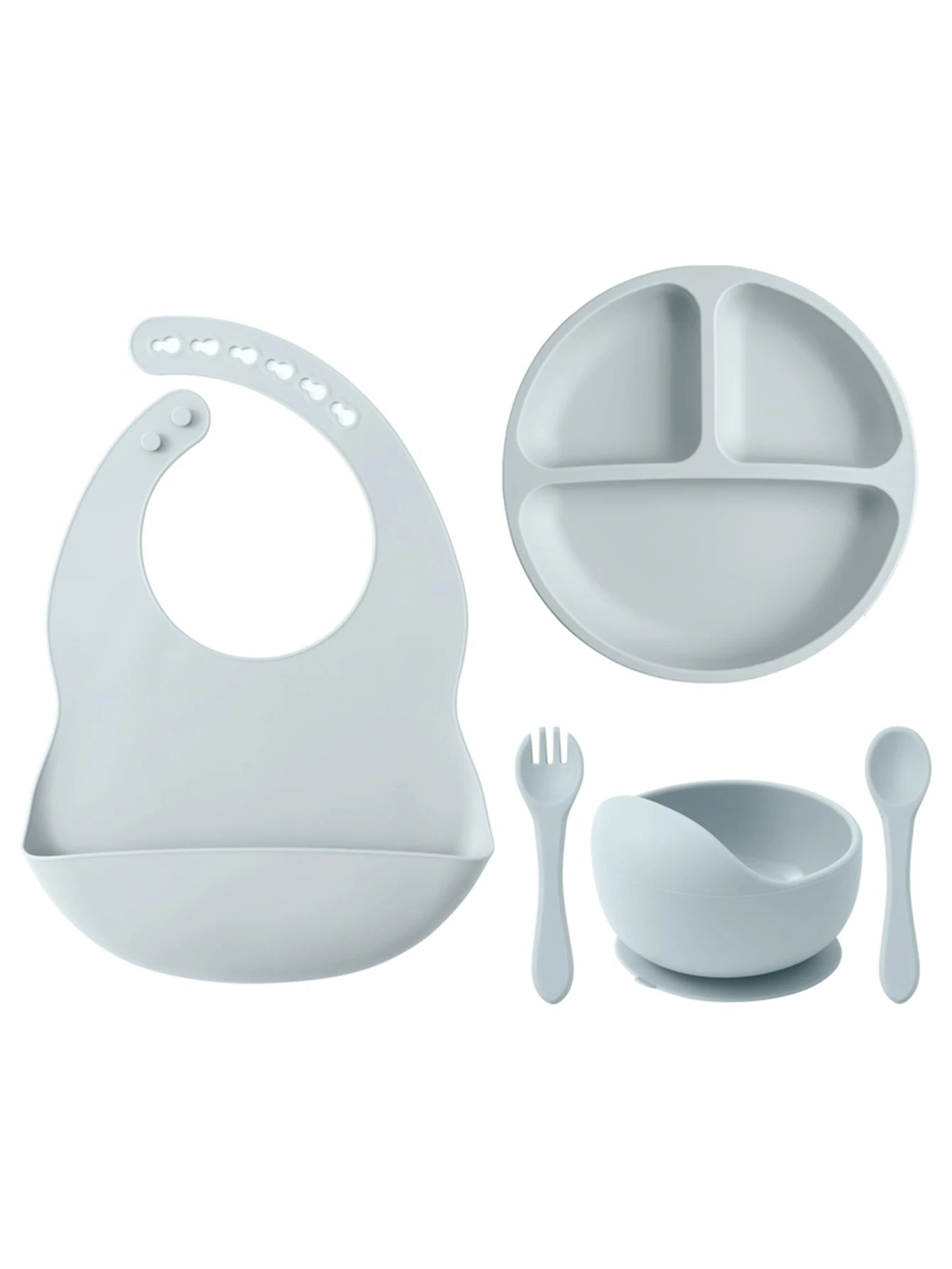 5PCS Baby Silicone Tableware Set Color Contrast Bib Suction Bowl Non-slip Plate Soft Spoon Fork Feeding Training Baby Dinner Set