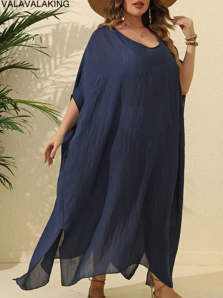 2025 Women Short Sleeve Plus Size Cove Up Solid Large Big Tunic Lady Chubby Beach Long Dress Brazilian Curvy Swimsuit Cover-Ups