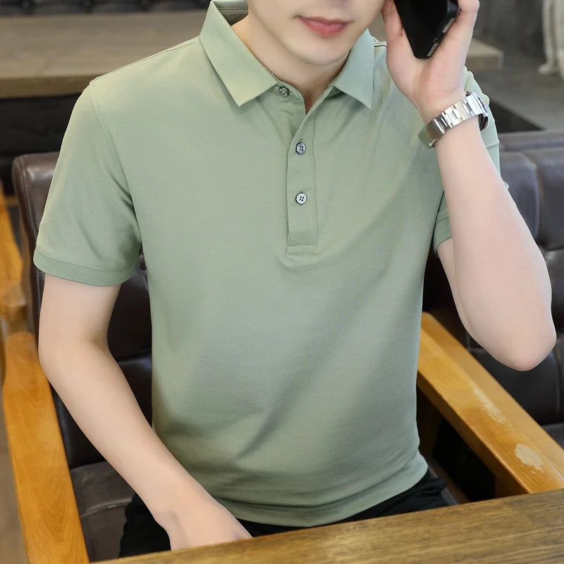 Summer Short Sleeve Men's Solid Button Pullover Turn-down Collar Vacation T-shirt Casual Formal Undershirt Preppy Style Tops