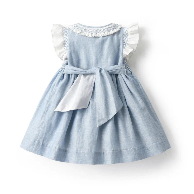 2024 Kids Spanish Dress Girls Hand Made Smocking Blue Dress with Ruffle Collar Sleeeve Baby Smocked Embrodiery Dresses